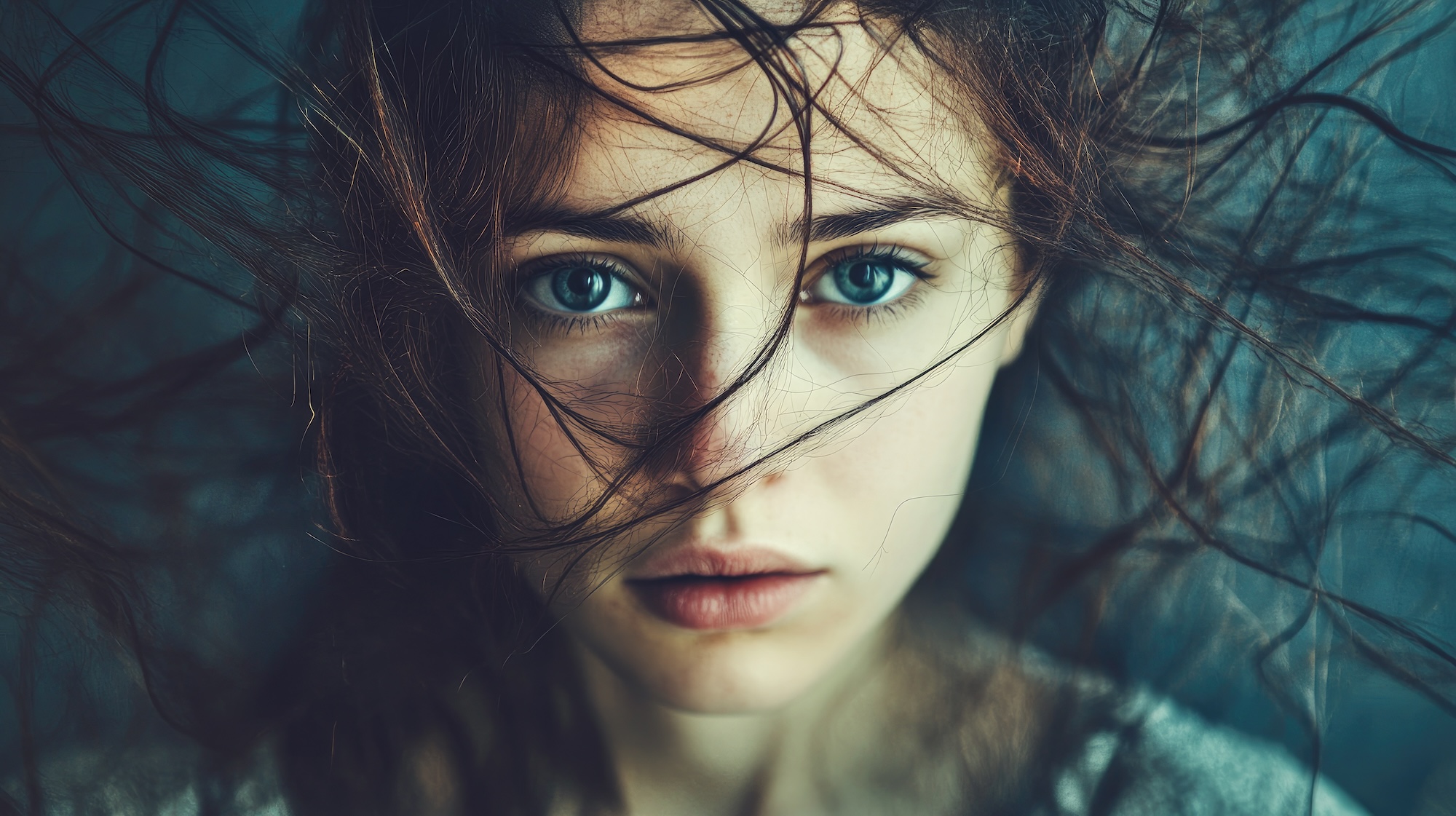 A young woman with tangled threads emerging from her head, symbolizing intrusive thoughts --ar 16:9 --v 6.1 Job ID: 7a06d952-1ed7-4fc2-b833-5887a8b74f20